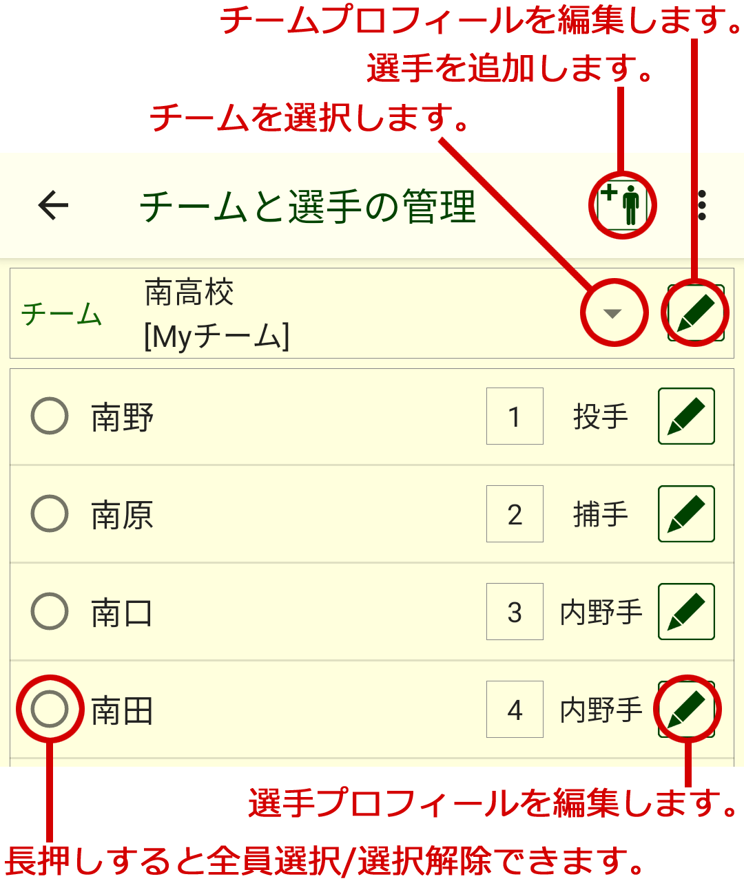 チームと選手の管理画面